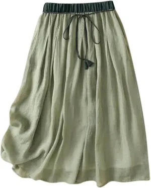 Skirts for Women Fall Spring Elastic Waist Double Layer Skirt Ethic Linen Long Skirts Comfy Loose Fit Midi Skirt