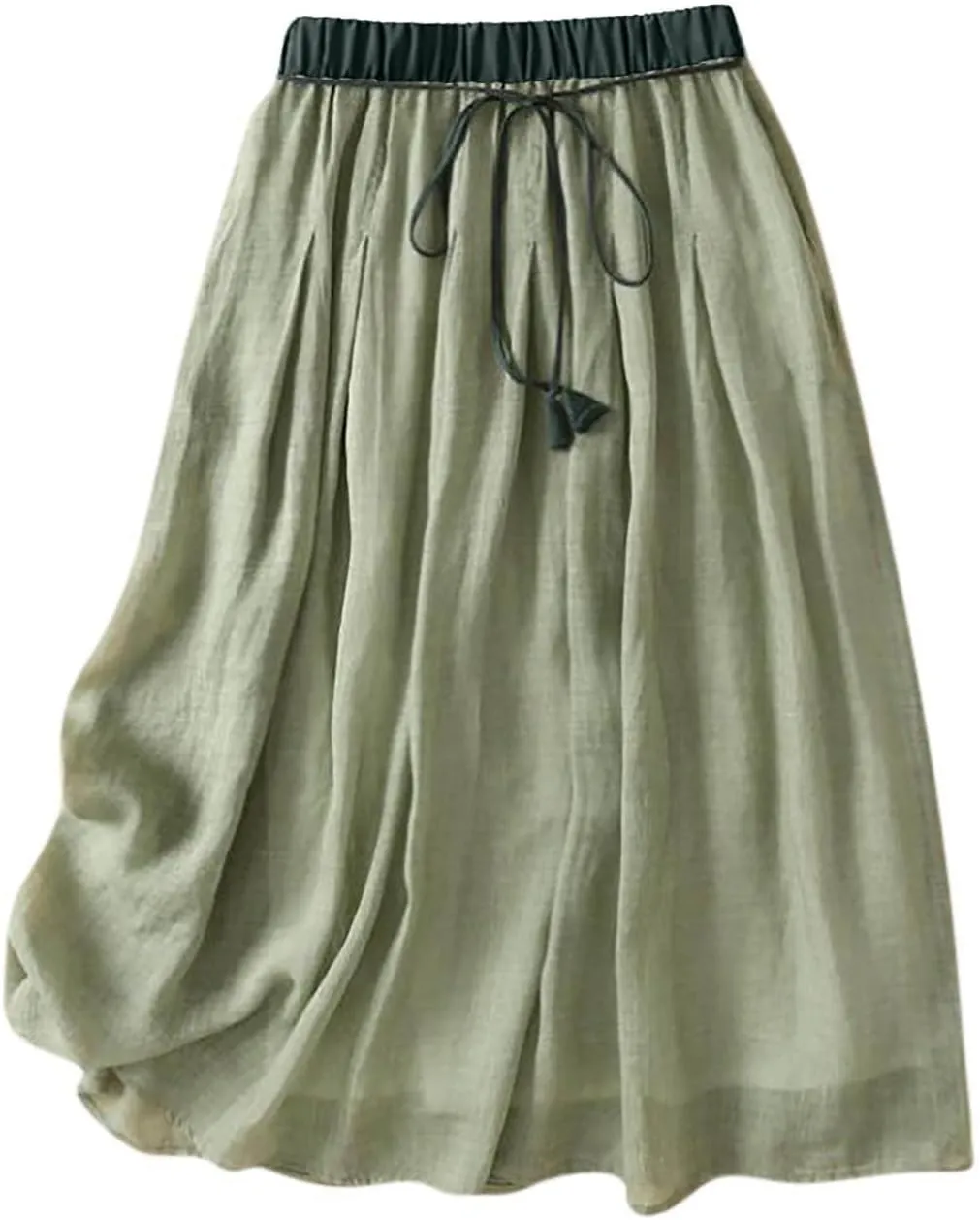 Skirts for Women Fall Spring Elastic Waist Double Layer Skirt Ethic Linen Long Skirts Comfy Loose Fit Midi Skirt
