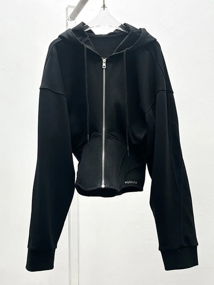 Solid Minimalist Sweatshirts For Women Hooded Long Sleeve Tunic Patchwork Zipper Casual Hoodies Female Fashion