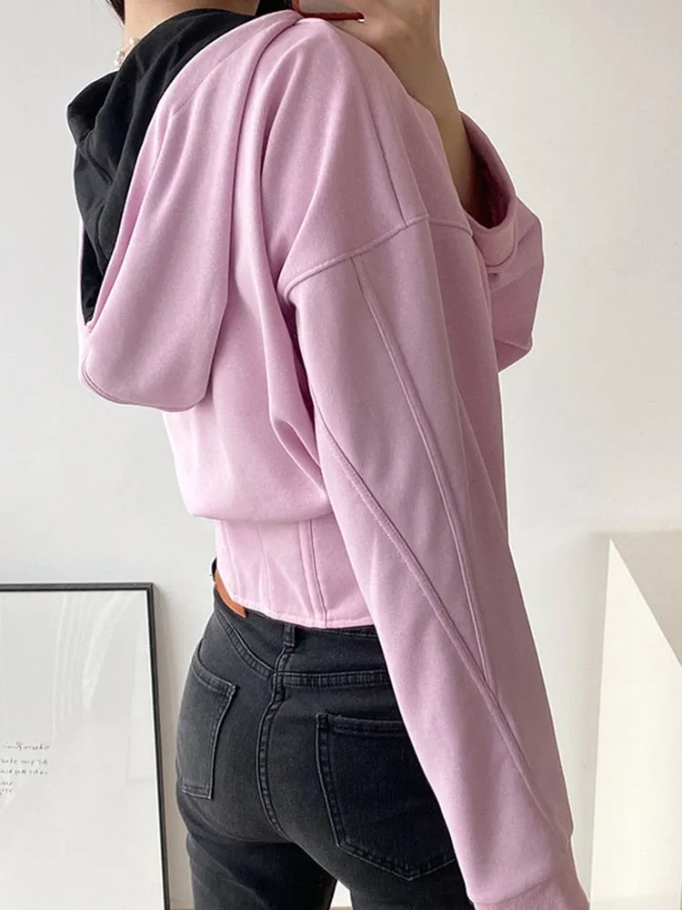 Solid Minimalist Sweatshirts For Women Hooded Long Sleeve Tunic Patchwork Zipper Casual Hoodies Female Fashion