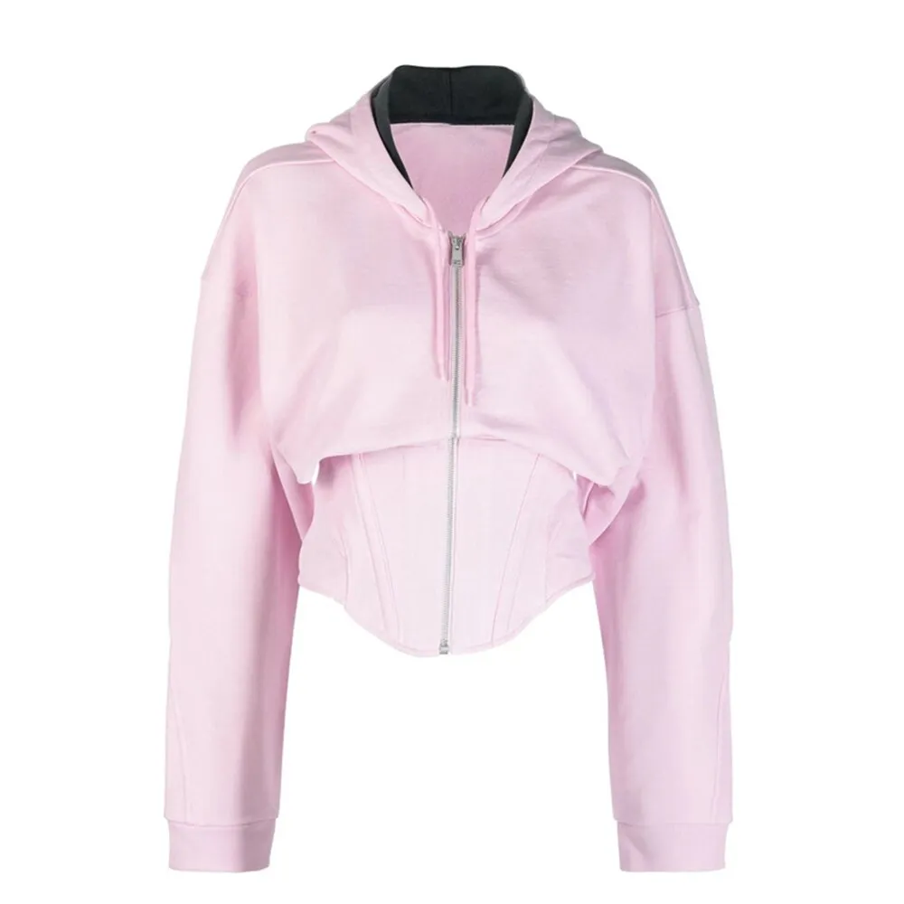 Solid Minimalist Sweatshirts For Women Hooded Long Sleeve Tunic Patchwork Zipper Casual Hoodies Female Fashion