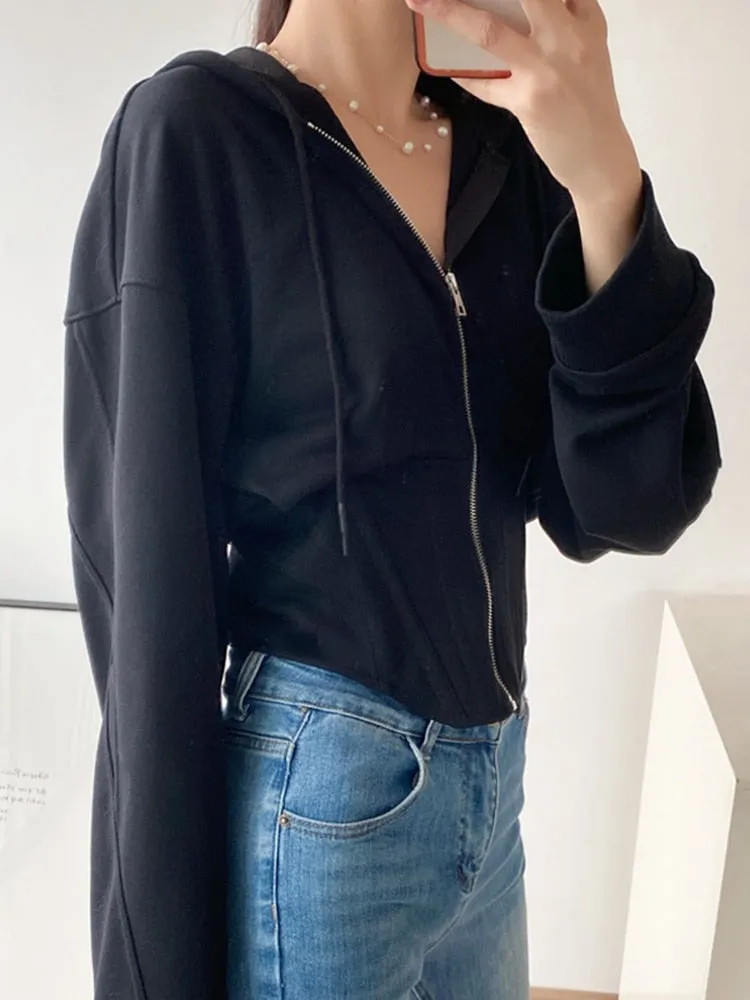 Solid Minimalist Sweatshirts For Women Hooded Long Sleeve Tunic Patchwork Zipper Casual Hoodies Female Fashion