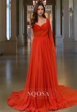 Strapless Sweetheart Sleeveless A-Line Prom Dress Pleated Chiffon Formal Party Gowns with Train