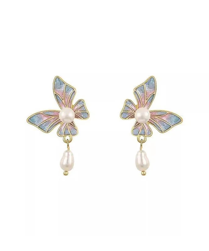 Stylish Blue Sterling Silver Overgild Pearl Butterfly Enamel Drop Earrings WH030
