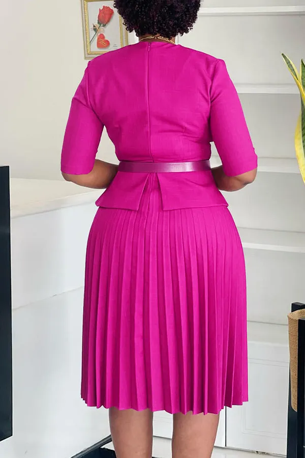 Stylish Half Sleeve Pleated Belted Dress
