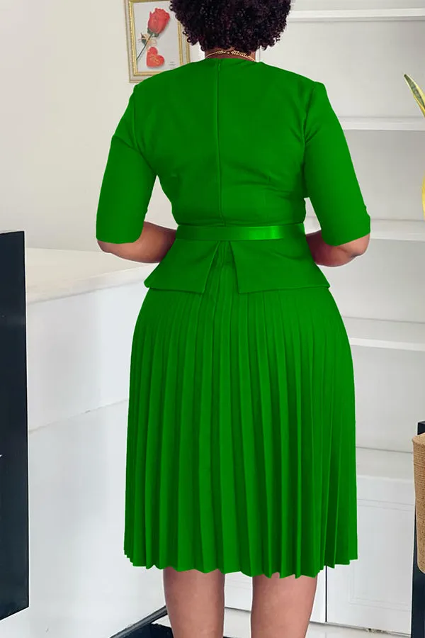 Stylish Half Sleeve Pleated Belted Dress