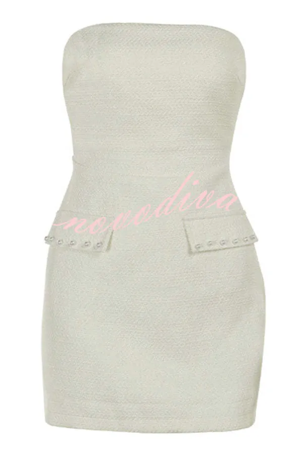Stylish Sleeveless Tweed Sexy Slim Fit Pearl Embellished Mini Dress