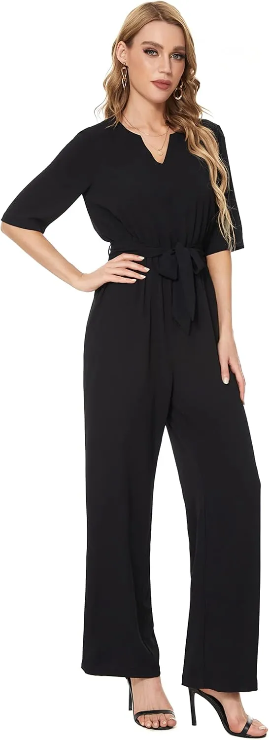 SUGAR POISON Women's Short Sleeve Jumpsuits Loose Jumpsuit V Neck Hight Waist Wide Leg Pant Casual Rompers with Belt