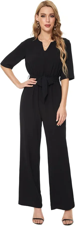 SUGAR POISON Women's Short Sleeve Jumpsuits Loose Jumpsuit V Neck Hight Waist Wide Leg Pant Casual Rompers with Belt