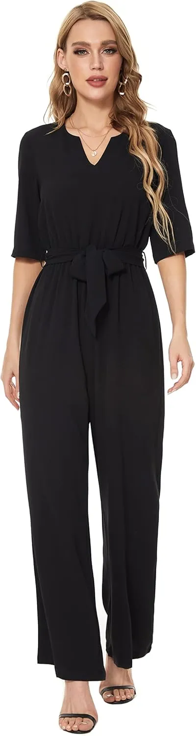 SUGAR POISON Women's Short Sleeve Jumpsuits Loose Jumpsuit V Neck Hight Waist Wide Leg Pant Casual Rompers with Belt