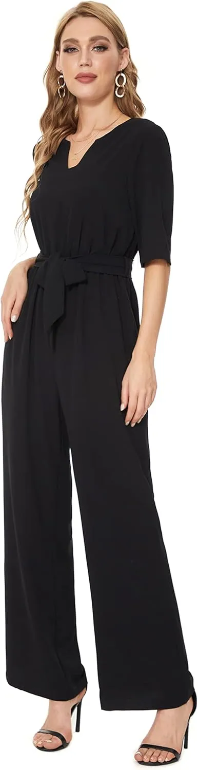 SUGAR POISON Women's Short Sleeve Jumpsuits Loose Jumpsuit V Neck Hight Waist Wide Leg Pant Casual Rompers with Belt