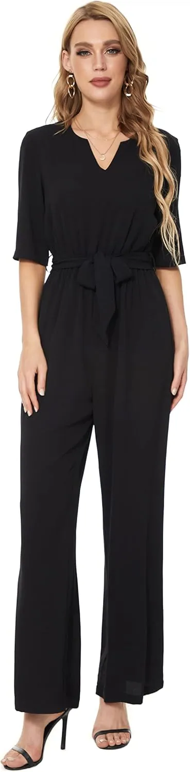 SUGAR POISON Women's Short Sleeve Jumpsuits Loose Jumpsuit V Neck Hight Waist Wide Leg Pant Casual Rompers with Belt