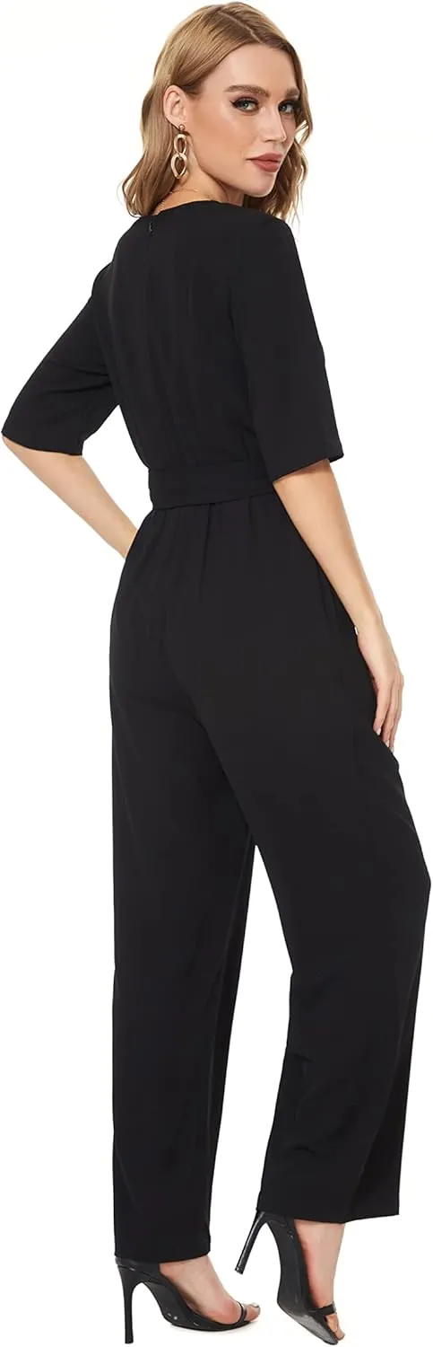 SUGAR POISON Women's Short Sleeve Jumpsuits Loose Jumpsuit V Neck Hight Waist Wide Leg Pant Casual Rompers with Belt