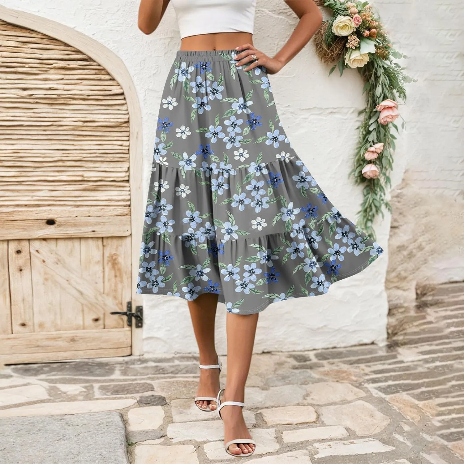 Summer Midi Skirts for Women Floral Beach Flowy Boho Skirt Tiered Pleated Swing A Line Elastic High Waisted Skirt