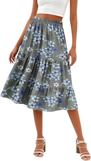 Summer Midi Skirts for Women Floral Beach Flowy Boho Skirt Tiered Pleated Swing A Line Elastic High Waisted Skirt