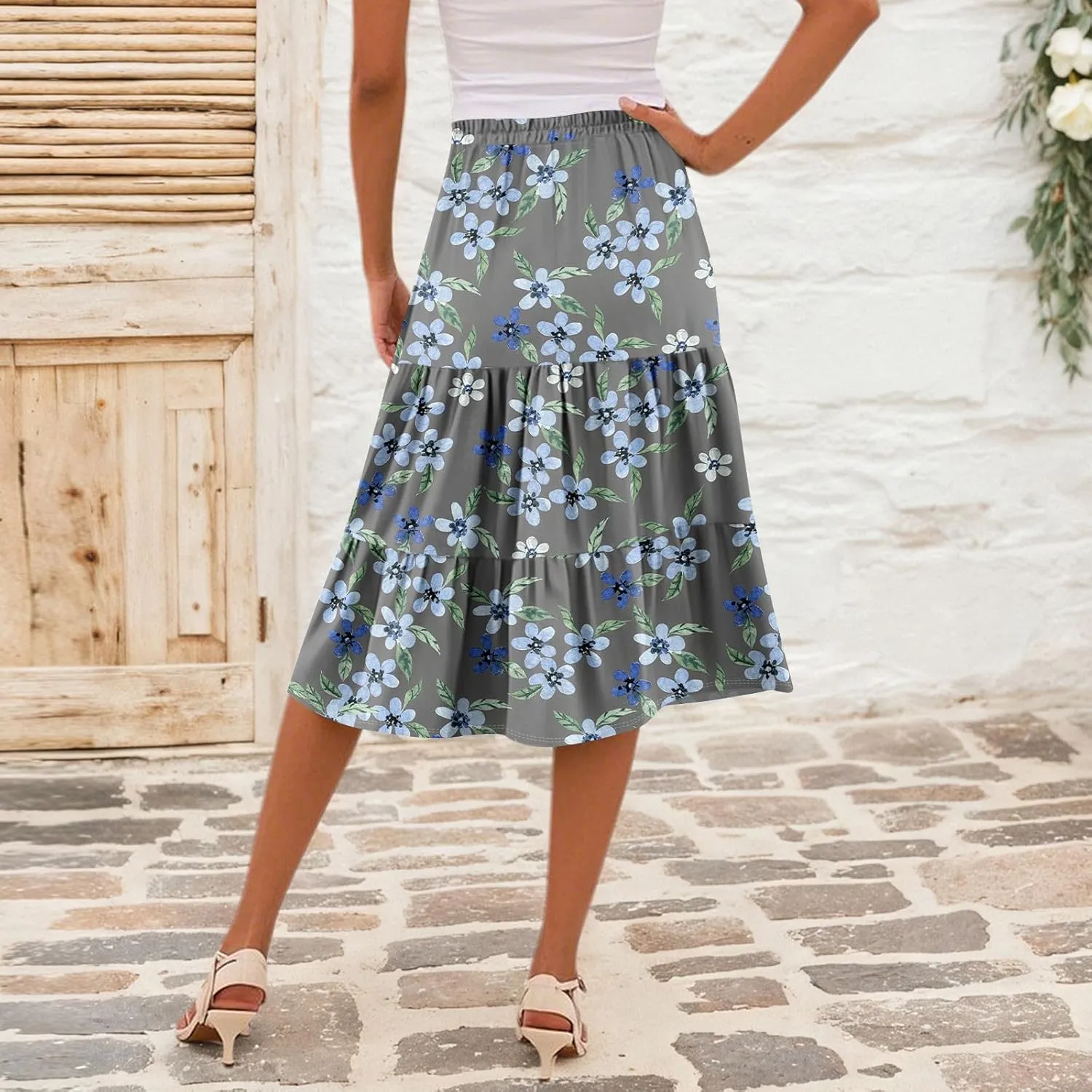Summer Midi Skirts for Women Floral Beach Flowy Boho Skirt Tiered Pleated Swing A Line Elastic High Waisted Skirt