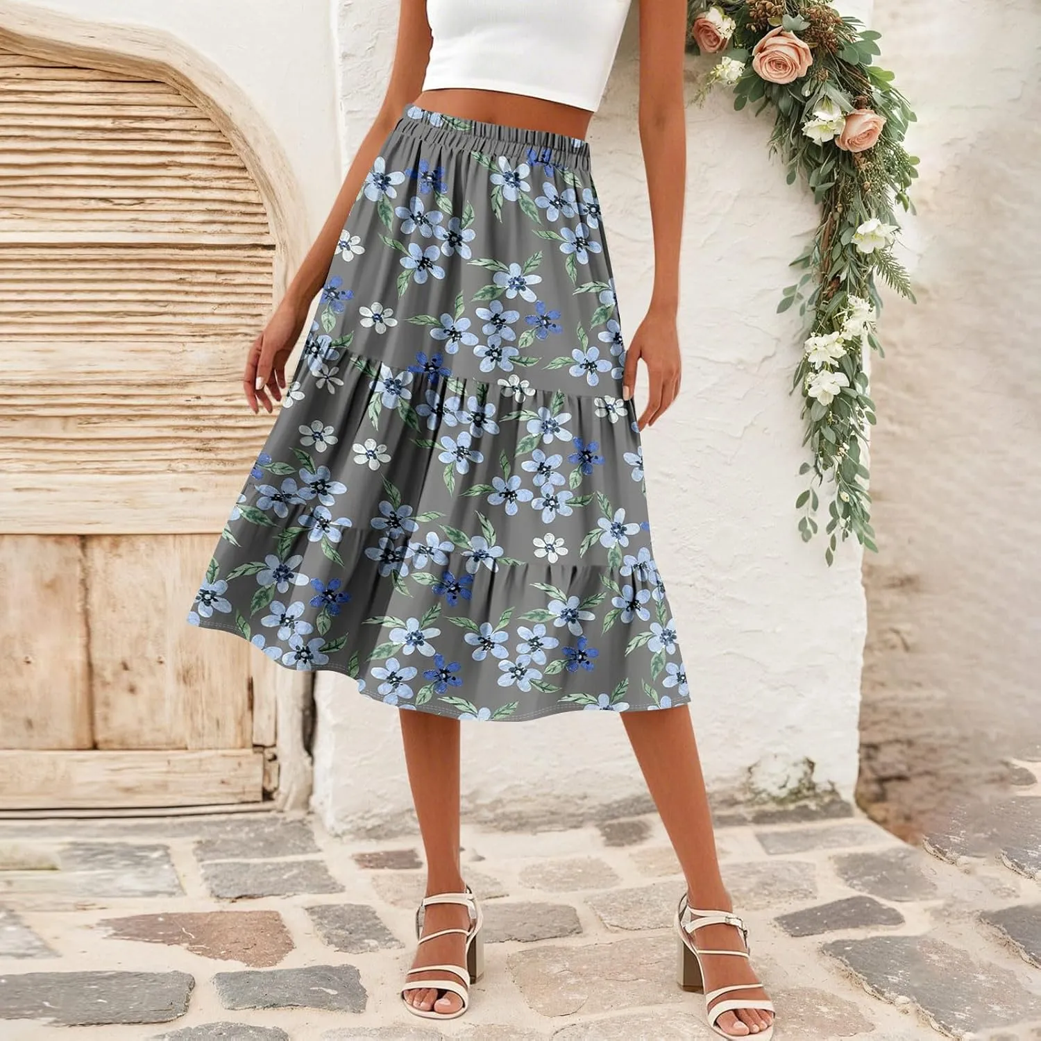 Summer Midi Skirts for Women Floral Beach Flowy Boho Skirt Tiered Pleated Swing A Line Elastic High Waisted Skirt