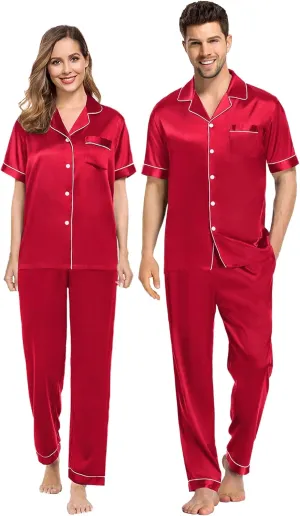 SWOMOG Couples Pajamas Sets Women & Men Satin Short Sleeve Sleepwear Button Down Loungewear Pjs Set with Long Pants