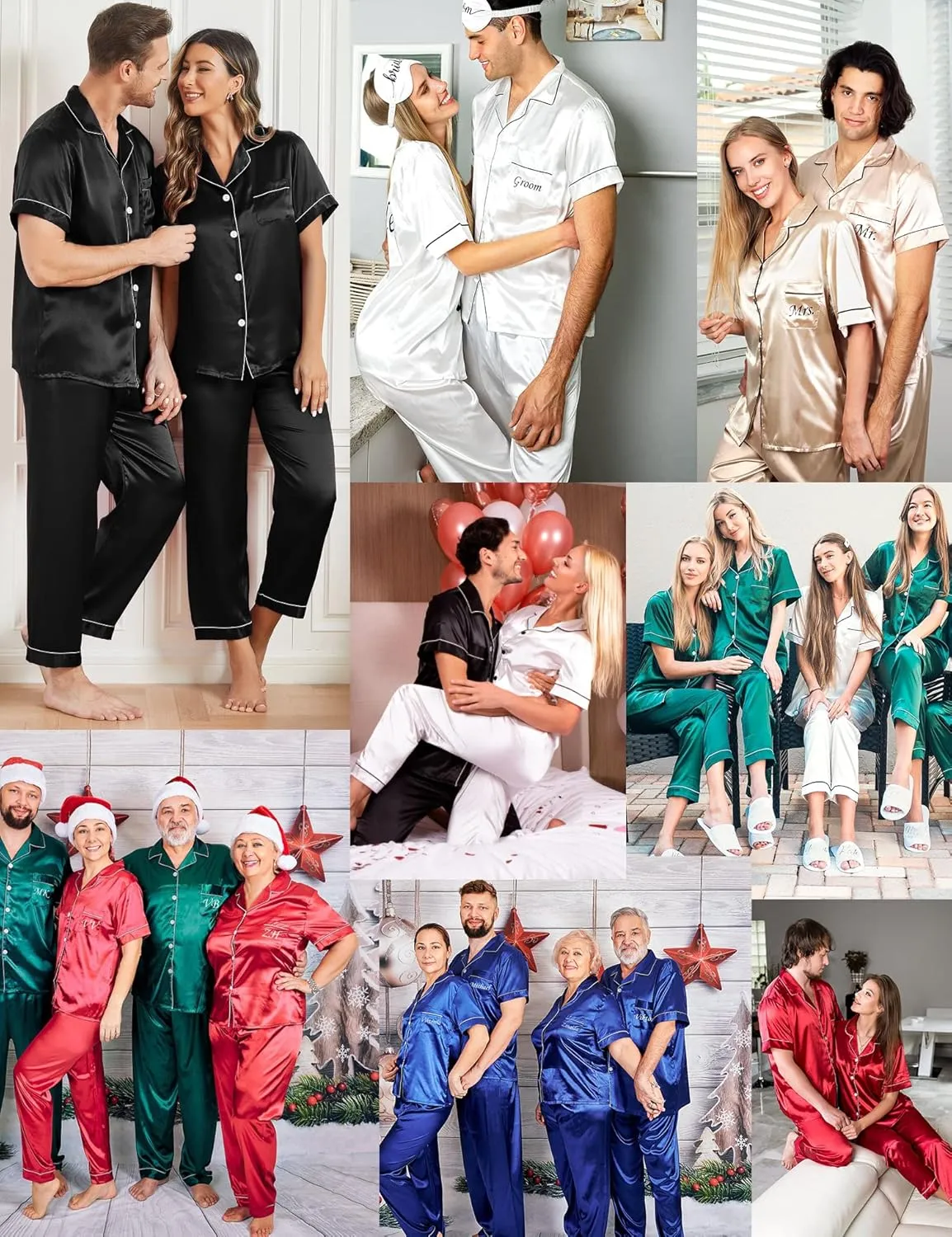 SWOMOG Couples Pajamas Sets Women & Men Satin Short Sleeve Sleepwear Button Down Loungewear Pjs Set with Long Pants
