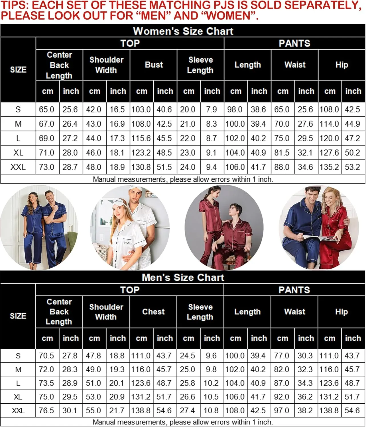 SWOMOG Couples Pajamas Sets Women & Men Satin Short Sleeve Sleepwear Button Down Loungewear Pjs Set with Long Pants