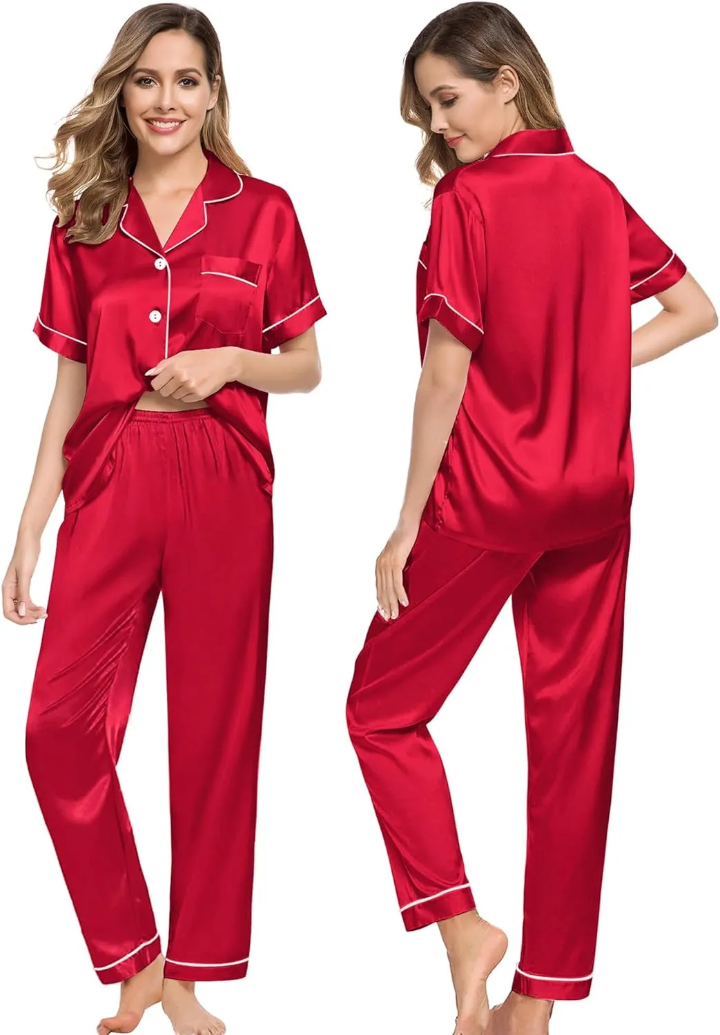 SWOMOG Couples Pajamas Sets Women & Men Satin Short Sleeve Sleepwear Button Down Loungewear Pjs Set with Long Pants