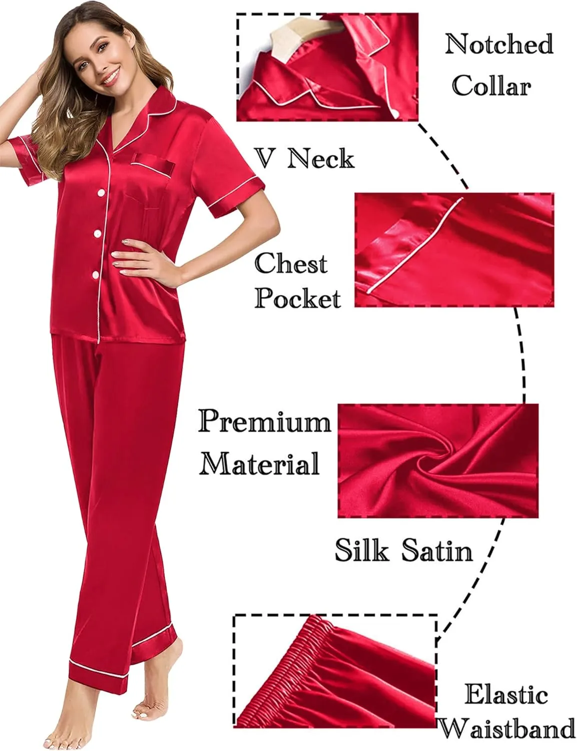 SWOMOG Couples Pajamas Sets Women & Men Satin Short Sleeve Sleepwear Button Down Loungewear Pjs Set with Long Pants