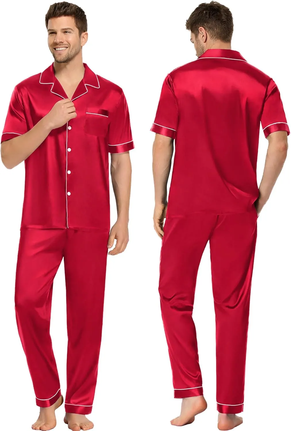 SWOMOG Couples Pajamas Sets Women & Men Satin Short Sleeve Sleepwear Button Down Loungewear Pjs Set with Long Pants