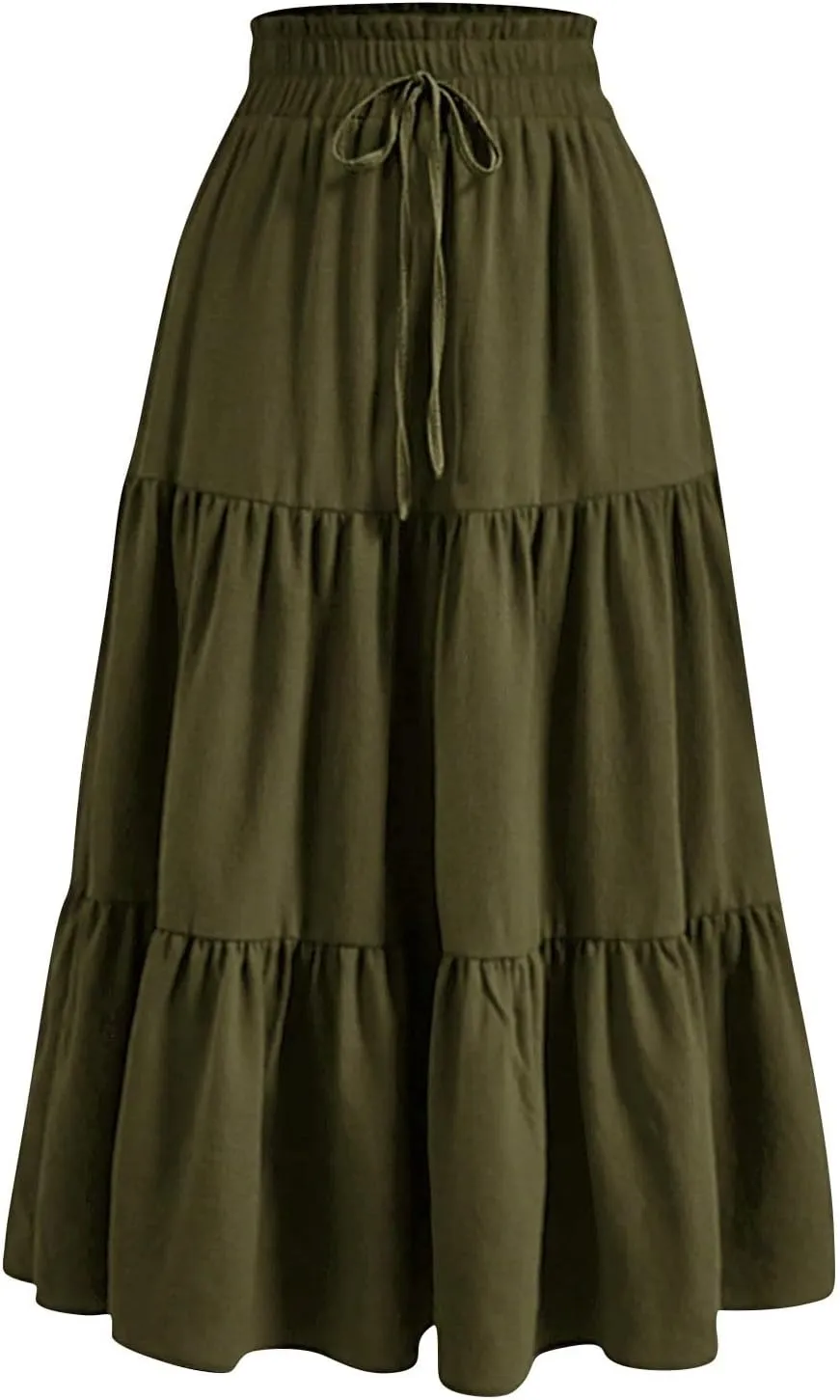 Tiered Maxi Skirts for Women Comfy Ruffle Hem Flowy Swing Long Skorts Elastic High Waisted Summer Cover Ups