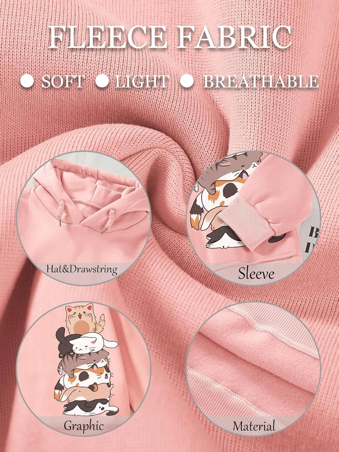Tuislay Cute Cat Graphic Hoodies for Teen Girls Kawaii Cartoon Printed Hoodie Women Anime Print Hooded Sweatshirt Pullover