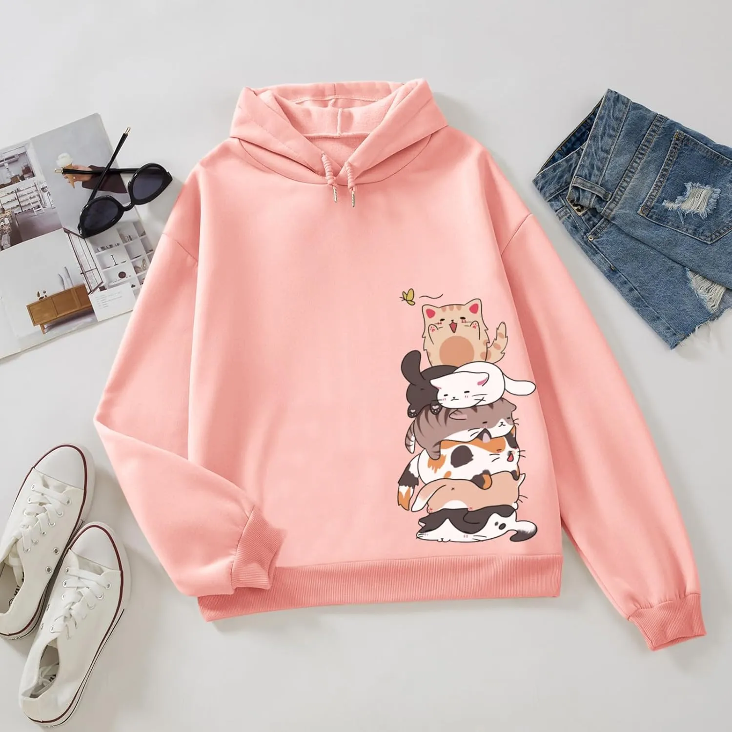 Tuislay Cute Cat Graphic Hoodies for Teen Girls Kawaii Cartoon Printed Hoodie Women Anime Print Hooded Sweatshirt Pullover