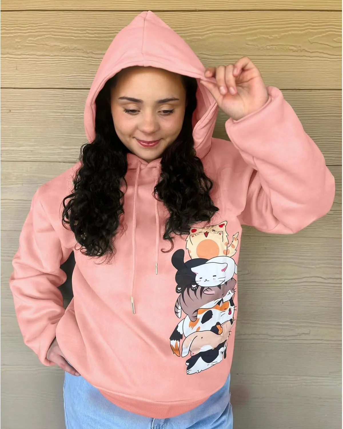 Tuislay Cute Cat Graphic Hoodies for Teen Girls Kawaii Cartoon Printed Hoodie Women Anime Print Hooded Sweatshirt Pullover