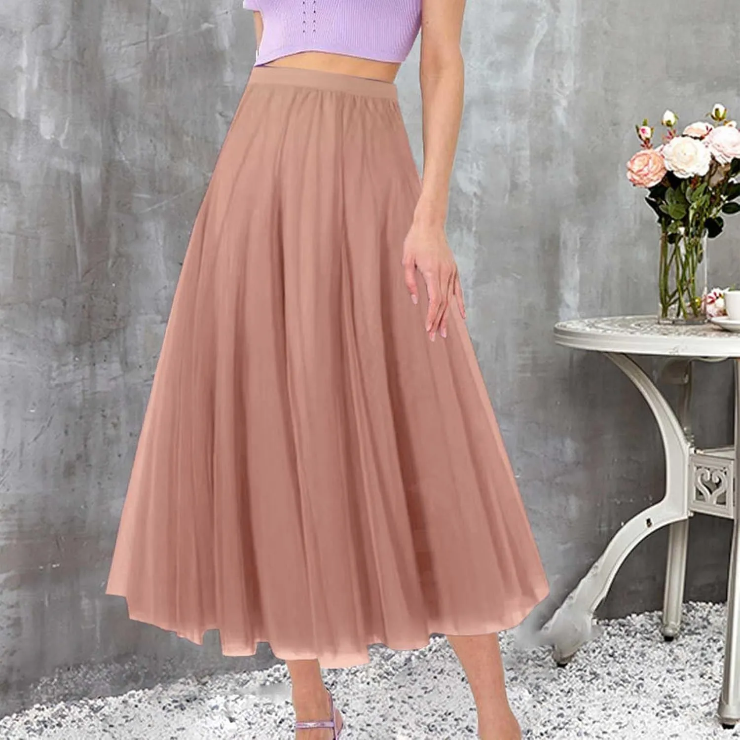 Tulle Skirts for Women Long Flowy Midi Length Elastic High Waist Pleated Mesh Skirt A-Line Party Tulle Dress Womens Skirt