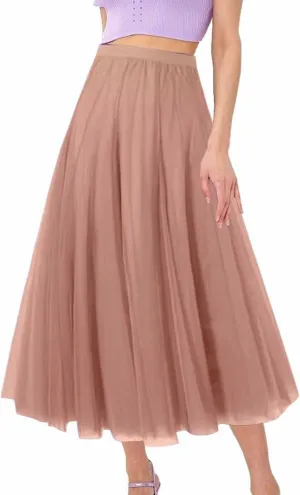 Tulle Skirts for Women Long Flowy Midi Length Elastic High Waist Pleated Mesh Skirt A-Line Party Tulle Dress Womens Skirt