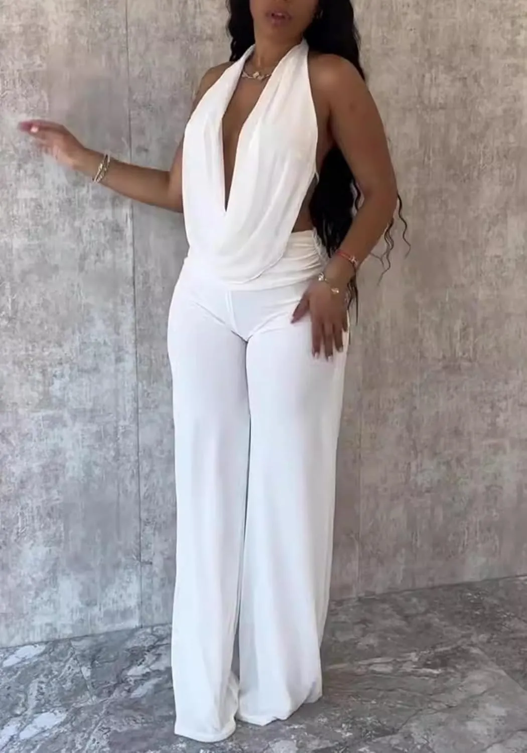 Unybwonn Women Sleeveless Jumpsuits Halter Cowl Neck Backless Wide Leg Pants Sexy High Waist One Piece Romper Outfit