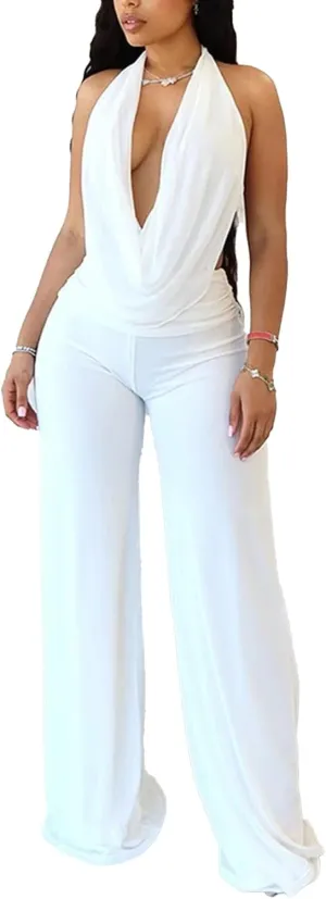 Unybwonn Women Sleeveless Jumpsuits Halter Cowl Neck Backless Wide Leg Pants Sexy High Waist One Piece Romper Outfit