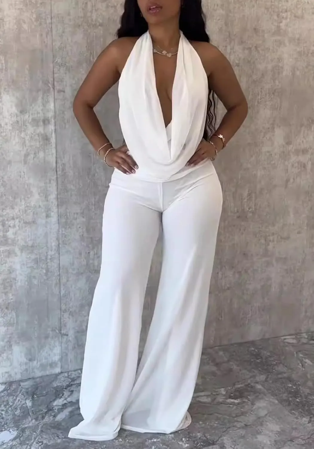 Unybwonn Women Sleeveless Jumpsuits Halter Cowl Neck Backless Wide Leg Pants Sexy High Waist One Piece Romper Outfit