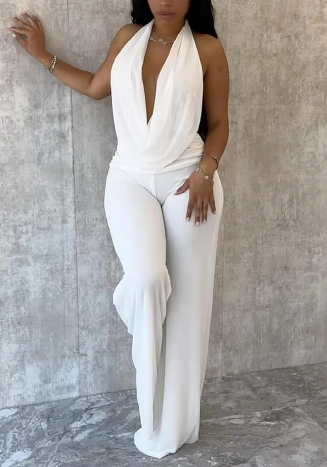Unybwonn Women Sleeveless Jumpsuits Halter Cowl Neck Backless Wide Leg Pants Sexy High Waist One Piece Romper Outfit