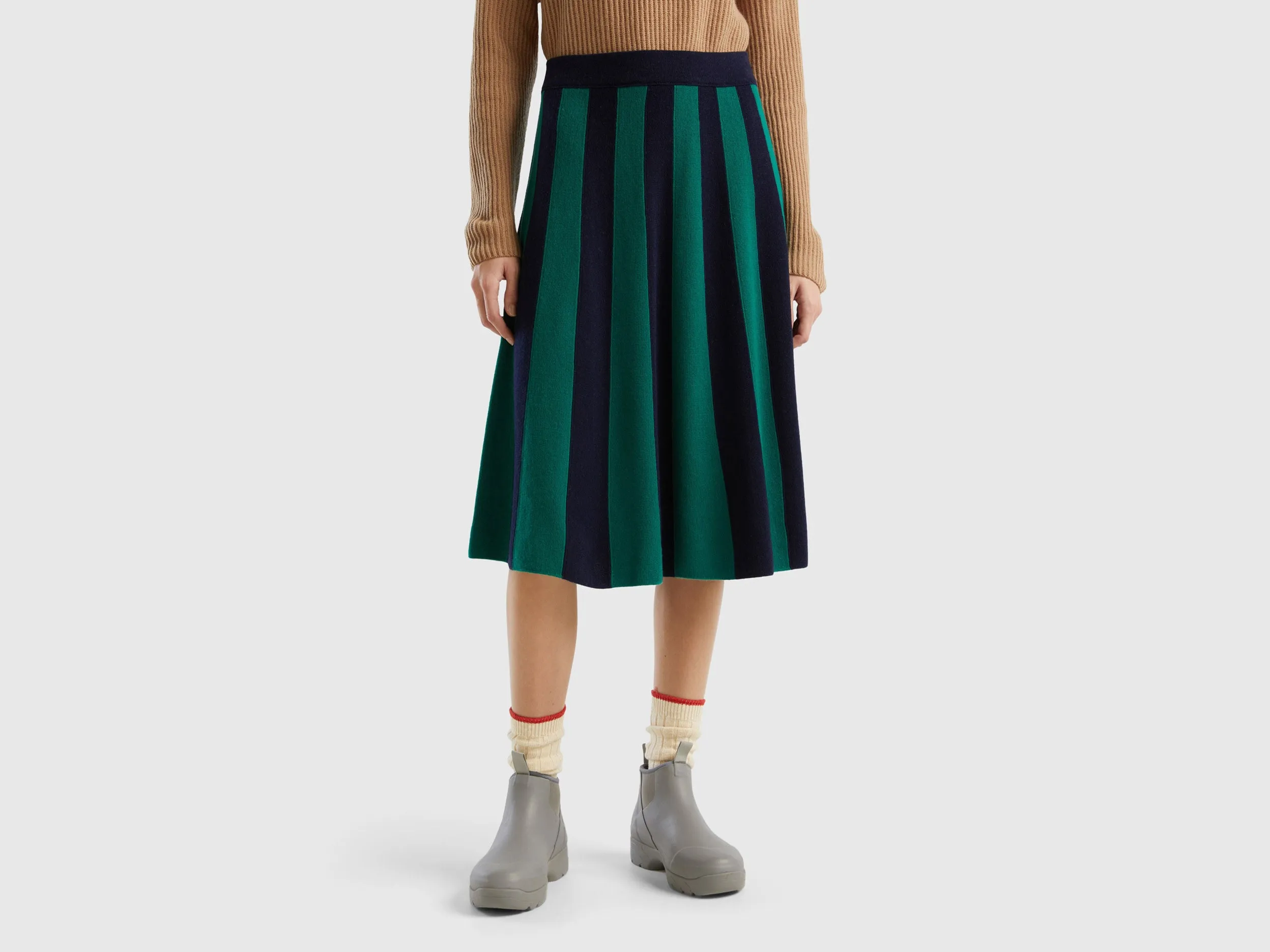 Vertical Stripes Soft Wool Blend Green Skirt