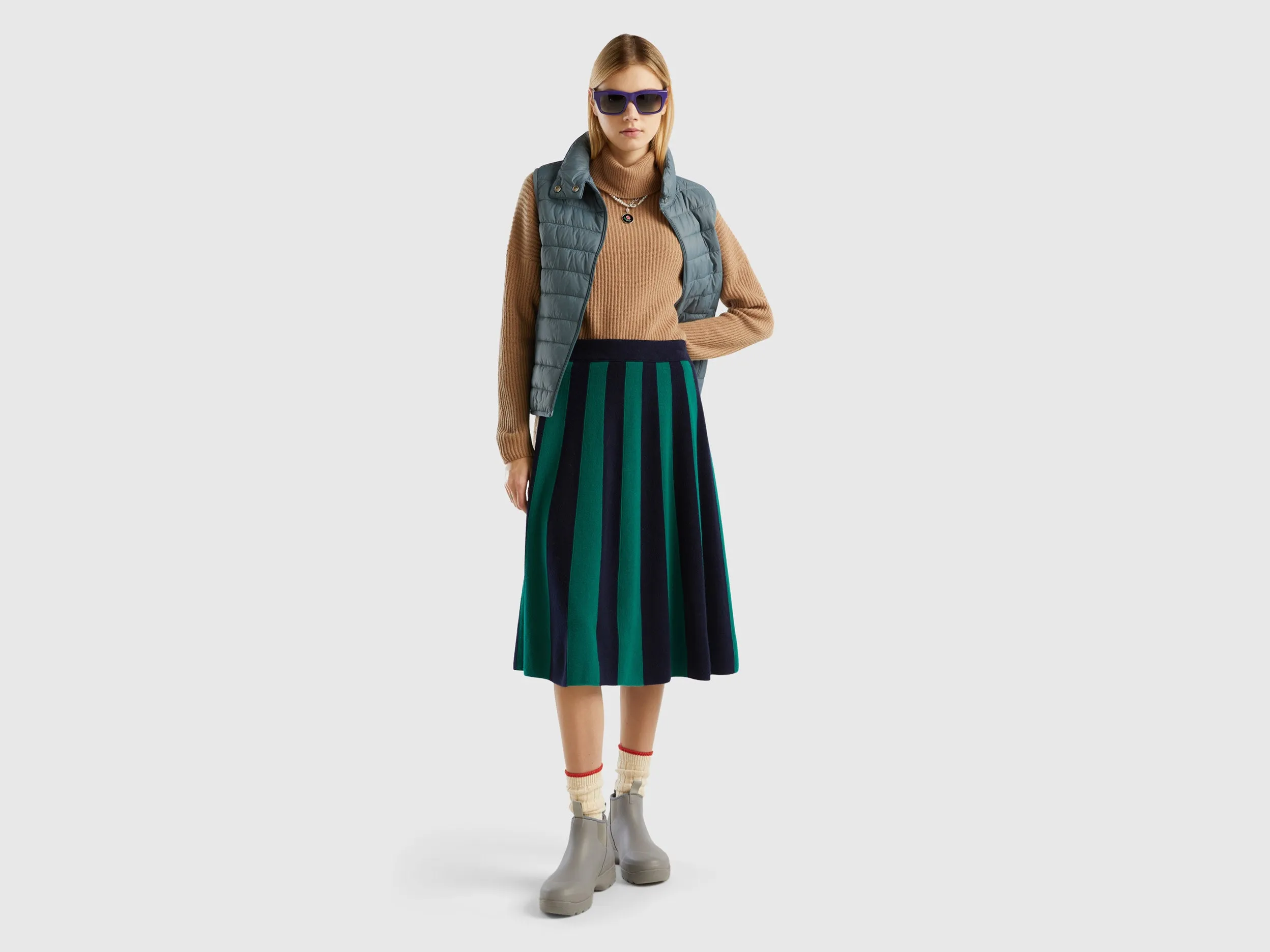 Vertical Stripes Soft Wool Blend Green Skirt