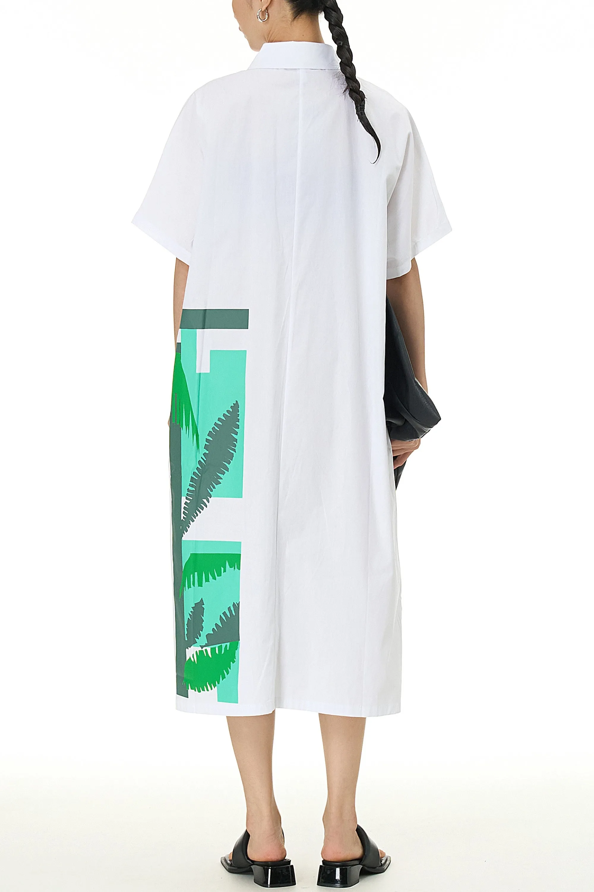 White Shirt Dress With Leaf Print