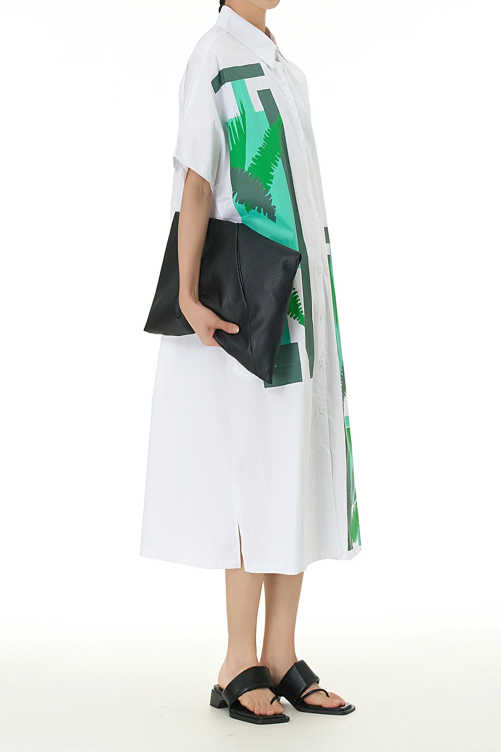 White Shirt Dress With Leaf Print