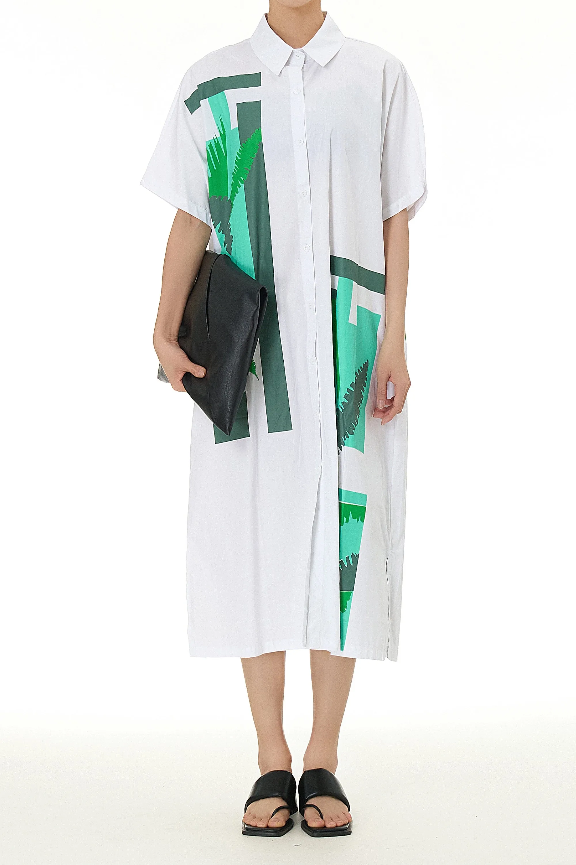 White Shirt Dress With Leaf Print
