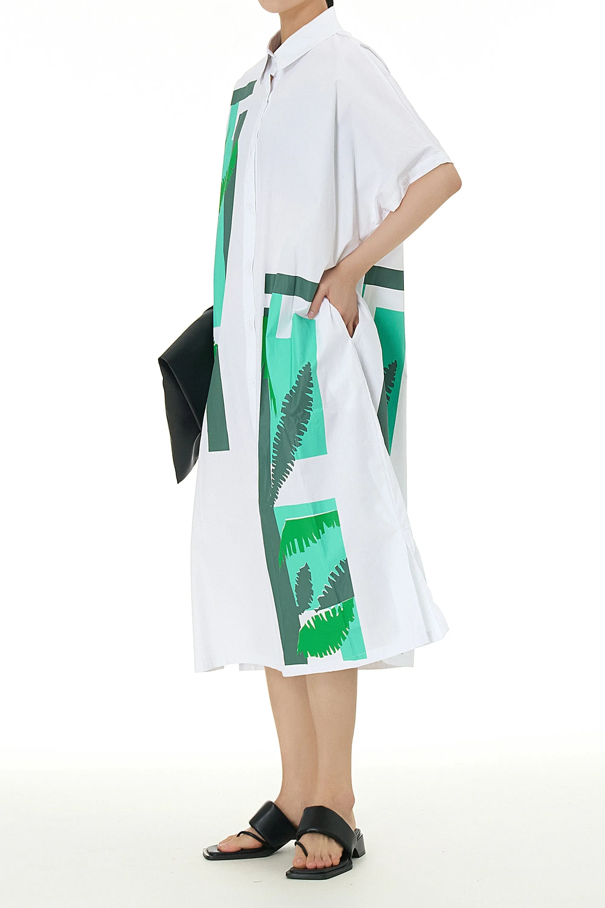 White Shirt Dress With Leaf Print
