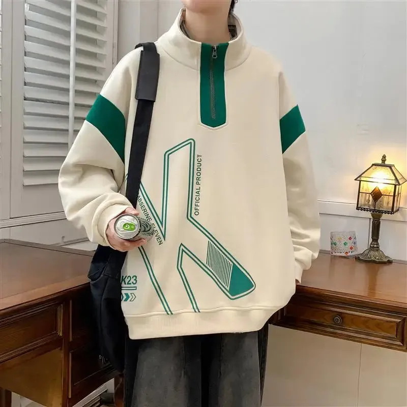 Wiaofellas  -  Fashion Spring Autumn Men's Half High Zipper Collar Sweatshirts Youth Casual Pullover Bottom Streetwear Loose Tops Hoodies