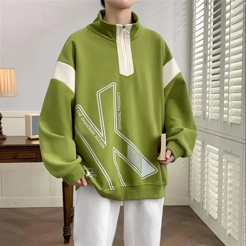 Wiaofellas  -  Fashion Spring Autumn Men's Half High Zipper Collar Sweatshirts Youth Casual Pullover Bottom Streetwear Loose Tops Hoodies