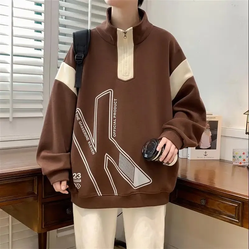 Wiaofellas  -  Fashion Spring Autumn Men's Half High Zipper Collar Sweatshirts Youth Casual Pullover Bottom Streetwear Loose Tops Hoodies