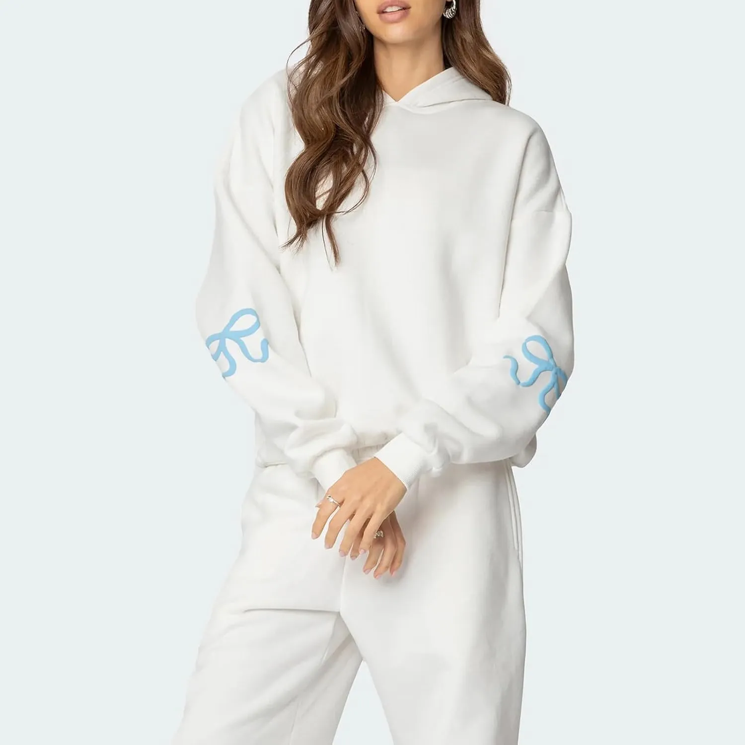 Women 2 Piece Bow Print Tracksuit Outfits Long Sleeve Hoodies Wide Leg Sweatpant Oversized Sweat Set with Pockets