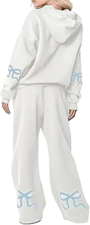 Women 2 Piece Bow Print Tracksuit Outfits Long Sleeve Hoodies Wide Leg Sweatpant Oversized Sweat Set with Pockets