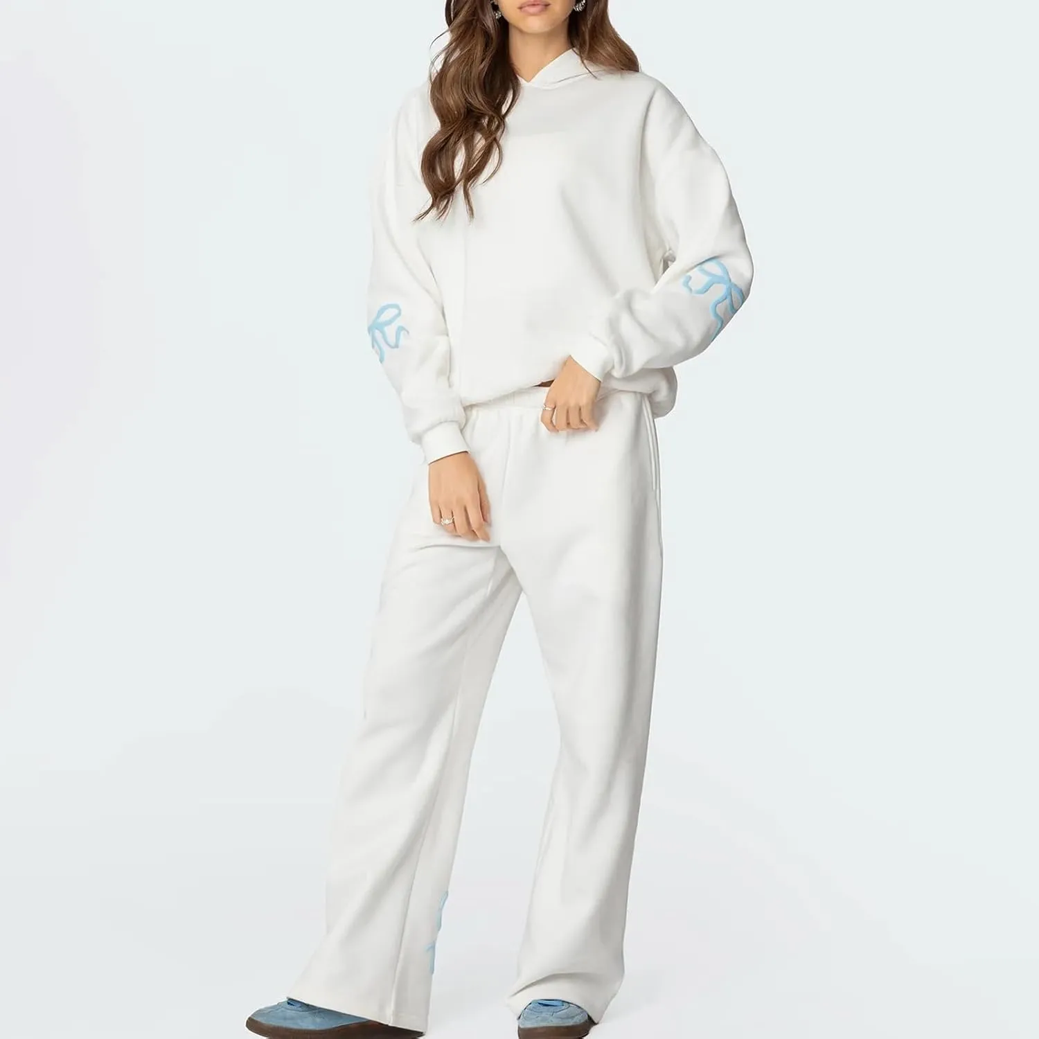 Women 2 Piece Bow Print Tracksuit Outfits Long Sleeve Hoodies Wide Leg Sweatpant Oversized Sweat Set with Pockets