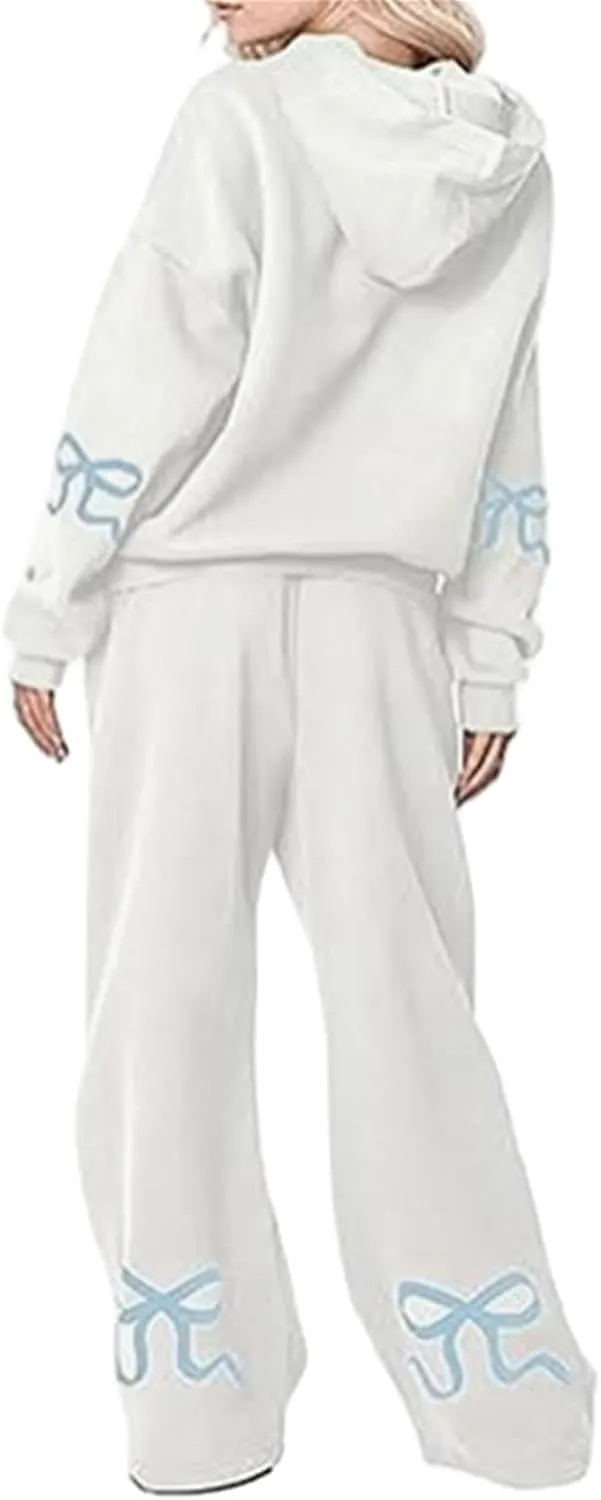 Women 2 Piece Bow Print Tracksuit Outfits Long Sleeve Hoodies Wide Leg Sweatpant Oversized Sweat Set with Pockets